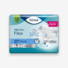 Produktabbildung der TENA ProSkin Flex Plus Inkontinenzvorlage. Auf der Verpackung sind ein geöffnetes Produkt mit breitem Hüftbund und seitlichen Verschlüssen sowie die Kennzeichnungen 'FeelDry Advanced' und 'ComfiStretch' zu sehen. Die Saugstärke wird durch vier volle und zwei halbe Tropfen auf blauem Hintergrund dargestellt. In der oberen Ecke steht ein pinkes Label mit der Aufschrift 'Open with FingerLift™'.