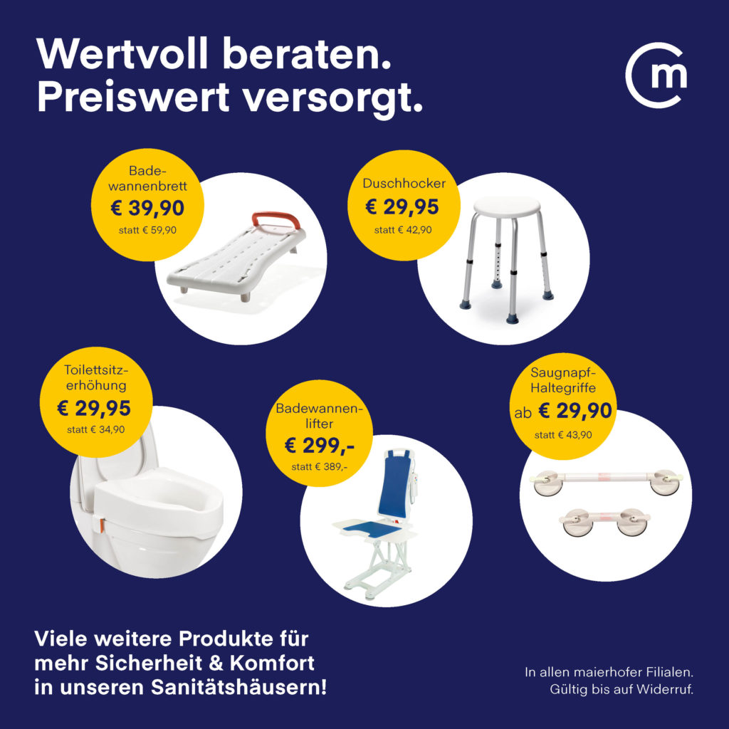 maierhofer Aktionsprodukte aus dem Hilfsmittel-Sortiment (Badewannenbrett, Duschhocker, Toilettsitzerhöhung, etc.)